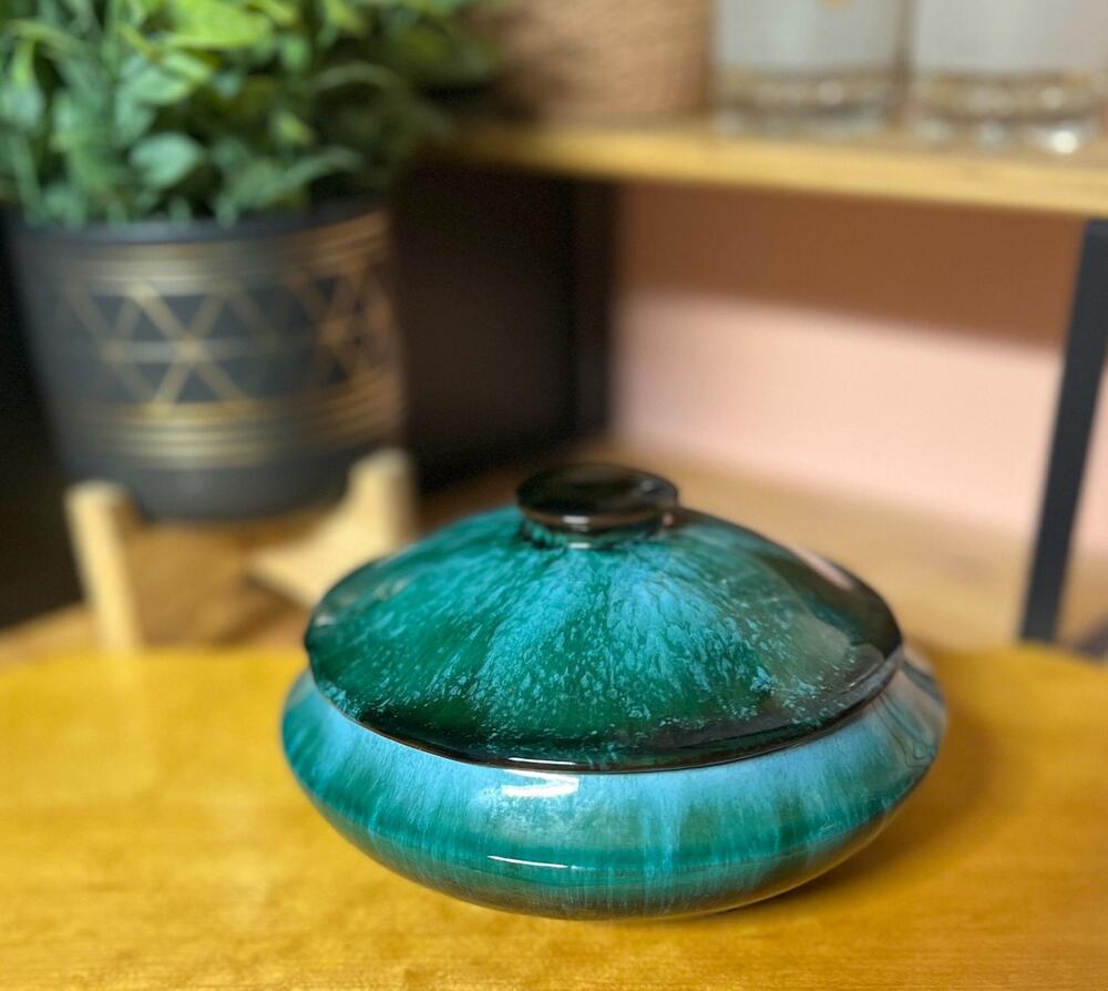 Vintage Blue Mountain Pottery Lidded Dish | Emerald Green Drip Glaze (Mold #203)